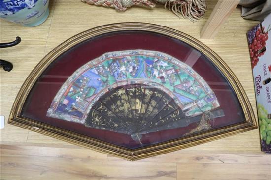 A framed 19th century Chinese painted figural fan, overall 68 x 41cm